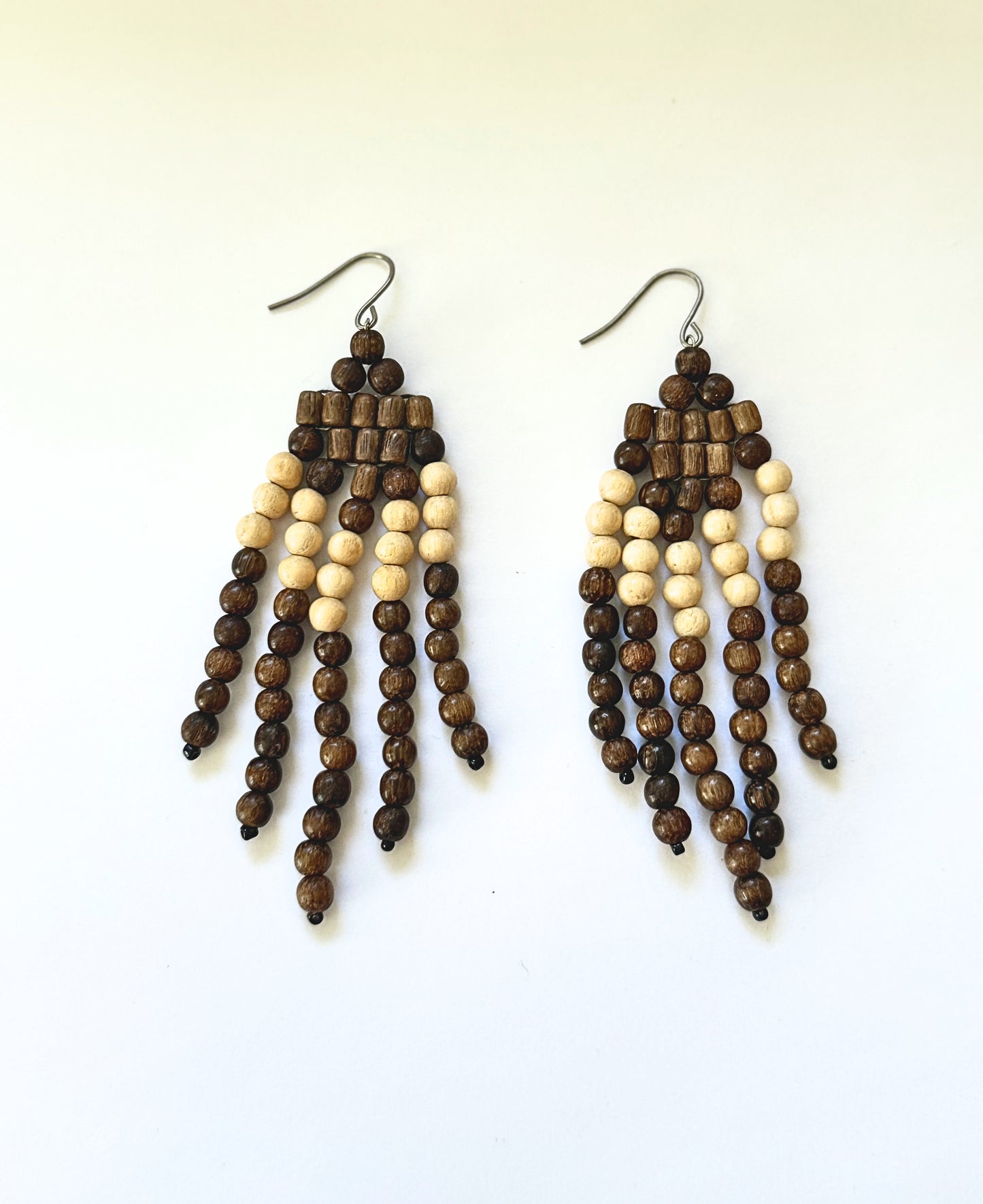 Artisan Wooden Bead Tassel Dangle Earrings- Chic & Lightweight