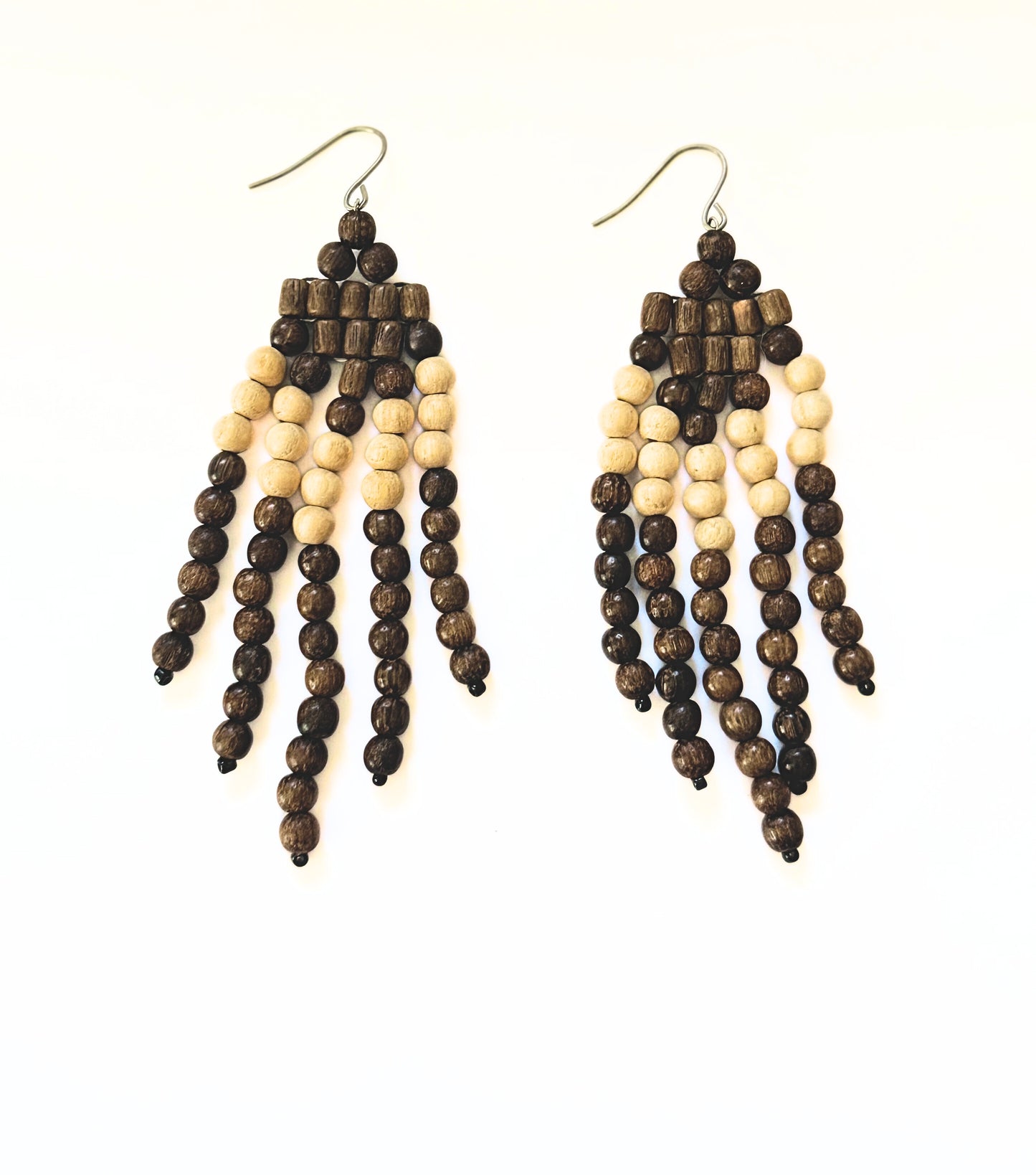 Artisan Wooden Bead Tassel Dangle Earrings- Chic & Lightweight